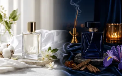 Bright and clean luxury perfume bottles featuring white musk and orange blossom notes