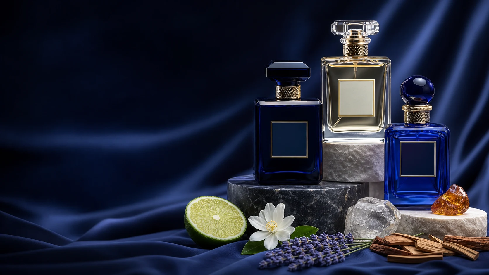 Three perfume bottles on deep navy fabric with citrus, flowers, and woods